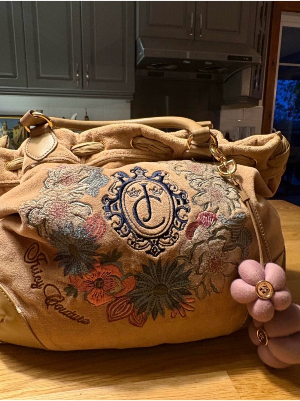 Vintage Juicy Couture Tan Suede Embroidered Floral Shoulder Bag